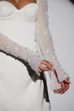 Long Sleeve Embellished A-line Mini Dress In White -Women Clothes Shop 6717 4 Geneva White Wrap Over Skirt with Split