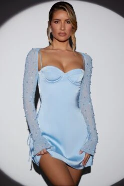 Long Sleeve Embellished A-line Mini Dress In Blue -Women Clothes Shop 6717 5 Geneva Blue Wrap Over Skirt With Split