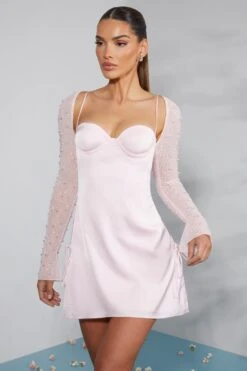 Long Sleeve Embellished A-line Mini Dress In Blush -Women Clothes Shop 6717 5 Geneva Blush Ruching Detail Dress