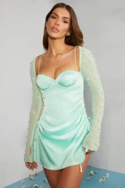 Long Sleeve Embellished A-line Mini Dress In Mint -Women Clothes Shop 6717 5 Geneva Mint Ruching Detail Dress 1