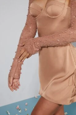 Long Sleeve Embellished A-line Mini Dress In Beige -Women Clothes Shop 6717 6 Geneva Biege Ruching Detail Dress