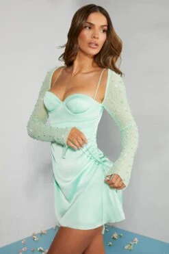 Long Sleeve Embellished A-line Mini Dress In Mint -Women Clothes Shop 6717 6 Geneva Mint Ruching Detail Dress 1