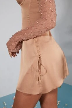Long Sleeve Embellished A-line Mini Dress In Beige -Women Clothes Shop 6717 7 Geneva Biege Ruching Detail Dress