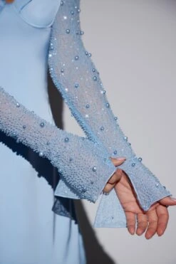 Long Sleeve Embellished A-line Mini Dress In Blue -Women Clothes Shop 6717 7 Geneva Blue Wrap Over Skirt With Split