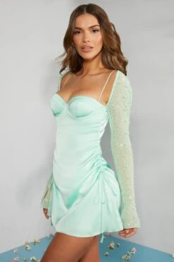 Long Sleeve Embellished A-line Mini Dress In Mint -Women Clothes Shop 6717 7 Geneva Mint Ruching Detail Dress 1