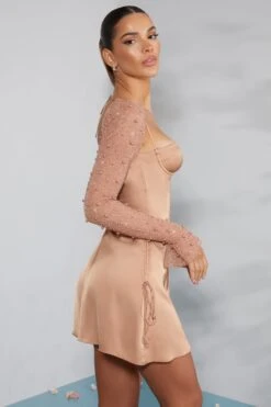 Long Sleeve Embellished A-line Mini Dress In Beige -Women Clothes Shop 6717 8 Geneva Biege Ruching Detail Dress