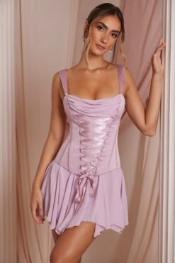 Lace Up Corset Mini Dress In Dusty Pink -Women Clothes Shop 6721 3 Maribel Dusty Pink Lace Up Corset Mini Dress