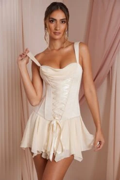 Lace Up Corset Mini Dress In Ivory -Women Clothes Shop 6721 5 Maribel Ivory Lace Up Corset Mini Dress