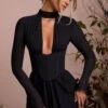 Long Sleeve Plunge Neck Mini Dress In Black -Women Clothes Shop 6724 3 Joelene Black Plunge Ruched A Line Mini Dress