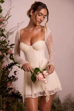 Long Sleeve Lace Corset Mini Dress In Ivory
