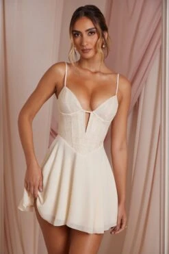 Plunge Neck Lace Corset Mini Dress In Ivory -Women Clothes Shop 6730 1 Elodie Ivory Lace Plunge Mini Dress