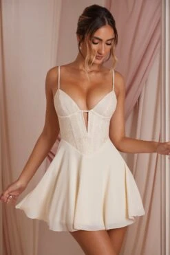 Plunge Neck Lace Corset Mini Dress In Ivory -Women Clothes Shop 6730 4 Elodie Ivory Lace Plunge Mini Dress