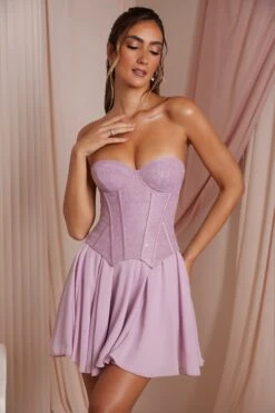 Strapless Lace Corset Mini Dress In Dusty Pink -Women Clothes Shop 6731 4 Chloe Dusty Pink Strapless Lace Corset With Circle Skirt Mini Dress