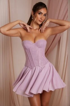 Strapless Lace Corset Mini Dress In Dusty Pink -Women Clothes Shop 6731 7 Chloe Dusty Pink Strapless Lace Corset With Circle Skirt Mini Dress