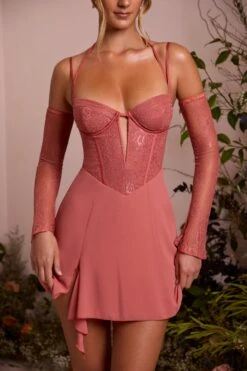 Lace Sleeve A-Line Mini Dress In Terracotta -Women Clothes Shop 6732 4 Maelle Terracotta Ots Low Plunge A Line Mini