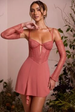 Lace Sleeve A-Line Mini Dress In Terracotta -Women Clothes Shop 6732 6 Maelle Terracotta Ots Low Plunge A Line Mini