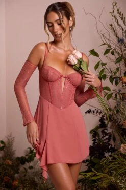 Lace Sleeve A-Line Mini Dress In Terracotta -Women Clothes Shop 6732 9 Maelle Terracotta Ots Low Plunge A Line Mini