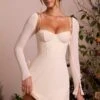 Long Sleeve Lace Cup Mini Dress In Ivory -Women Clothes Shop 6733 2 Veronique Ivory Lace Cup Detailing Mini Dress