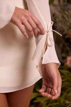 Long Sleeve Lace Cup Mini Dress In Ivory -Women Clothes Shop 6733 6 Veronique Ivory Lace Cup Detailing Mini Dress