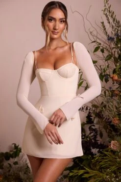 Long Sleeve Lace Cup Mini Dress In Ivory -Women Clothes Shop 6733 9 Veronique Ivory Lace Cup Detailing Mini Dress