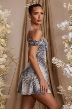 Draped Neck A-Line Mini Dress In Grey Print -Women Clothes Shop 6743 4 Aspen Print Fold Over Neck Line Mini Dress