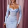 Long Sleeve Corset Mini Dress In Blue