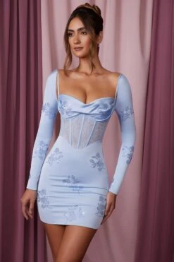 Long Sleeve Corset Mini Dress In Blue