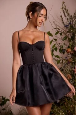 Tulle Skirt Corset Mini Dress In Black -Women Clothes Shop 6754 2 Floriane Black Satin Corset With Lace Trim And Tulle Skirt