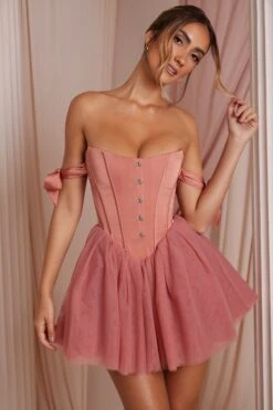 Off Shoulder Tulle Skirt Mini Dress In Terracotta -Women Clothes Shop 6756 10 Reine Terracotta Tulle Mini Skirt Corset Mini Dress