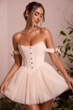 Off Shoulder Tulle Skirt Mini Dress In Ivory -Women Clothes Shop 6756 1 Reine Ivory Off Shoulder Tie Dress With Tulle Skirt