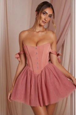 Off Shoulder Tulle Skirt Mini Dress In Terracotta -Women Clothes Shop 6756 1 Reine Terracotta Tulle Mini Skirt Corset Mini Dress