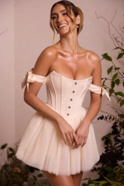 Off Shoulder Tulle Skirt Mini Dress In Ivory -Women Clothes Shop 6756 2 Reine Ivory Off Shoulder Tie Dress With Tulle Skirt