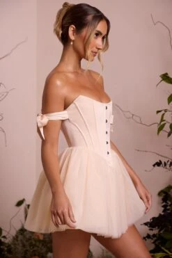 Off Shoulder Tulle Skirt Mini Dress In Ivory -Women Clothes Shop 6756 3 Reine Ivory Off Shoulder Tie Dress With Tulle Skirt