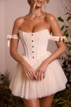 Off Shoulder Tulle Skirt Mini Dress In Ivory -Women Clothes Shop 6756 4 Reine Ivory Off Shoulder Tie Dress With Tulle Skirt