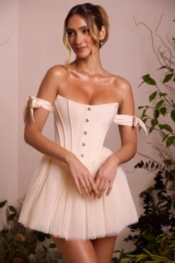 Off Shoulder Tulle Skirt Mini Dress In Ivory -Women Clothes Shop 6756 7 Reine Ivory Off Shoulder Tie Dress With Tulle Skirt