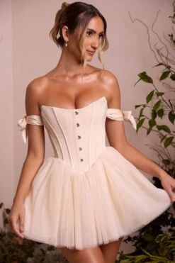 Off Shoulder Tulle Skirt Mini Dress In Ivory -Women Clothes Shop 6756 8 Reine Ivory Off Shoulder Tie Dress With Tulle Skirt