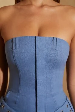 Bandeau Belted Linen Mini Dress In Dark Blue -Women Clothes Shop 6766 1 Koami Drak Blue Bandeau Dress