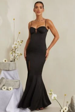 Cut Out Fishtail Maxi Dress In Black -Women Clothes Shop 6772 10 Flavia Black V Cut Out Fish Tail Maxi