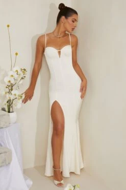 Cut Out Fishtail Maxi Dress In White -Women Clothes Shop 6772 2 White V Cut Out Fishtail Maxi Dress