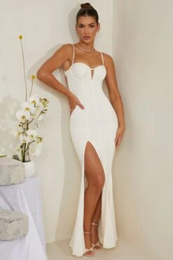 Cut Out Fishtail Maxi Dress In White -Women Clothes Shop 6772 5 White V Cut Out Fishtail Maxi Dress