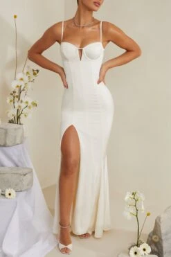 Cut Out Fishtail Maxi Dress In White -Women Clothes Shop 6772 6 White V Cut Out Fishtail Maxi Dress