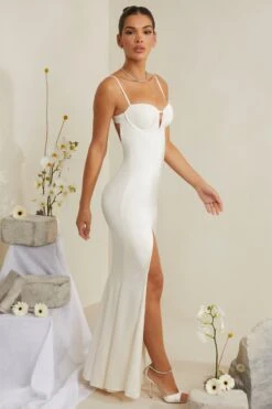 Cut Out Fishtail Maxi Dress In White -Women Clothes Shop 6772 7 White V Cut Out Fishtail Maxi Dress