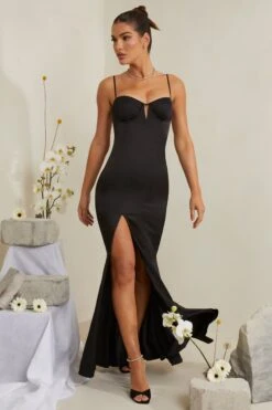 Cut Out Fishtail Maxi Dress In Black -Women Clothes Shop 6772 9 Flavia Black V Cut Out Fish Tail Maxi