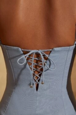 Gathered Bust Linen Mini Dress In Light Blue -Women Clothes Shop 6778 1 Dovie LightBlue Gathered Bust Detail Dress