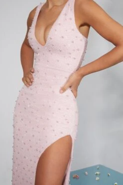 Embellished Plunge Neck High Split Maxi Dress In Blush -Women Clothes Shop 6789 8 Porto Blush Embellished Mesh Plunge Neck Split Maxi Dress