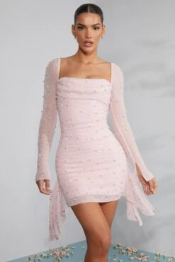 Long Sleeve Embellished Cowl Neck Mini Dress In Blush -Women Clothes Shop 6790 1 Tivoli Blush Embellished Cowl Neck Side Drape Flare Sleeve Mini