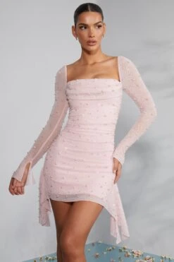 Long Sleeve Embellished Cowl Neck Mini Dress In Blush -Women Clothes Shop 6790 2 Tivoli Blush Embellished Cowl Neck Side Drape Flare Sleeve Mini
