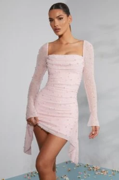 Long Sleeve Embellished Cowl Neck Mini Dress In Blush -Women Clothes Shop 6790 4 Tivoli Blush Embellished Cowl Neck Side Drape Flare Sleeve Mini