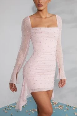 Long Sleeve Embellished Cowl Neck Mini Dress In Blush -Women Clothes Shop 6790 7 Tivoli Blush Embellished Cowl Neck Side Drape Flare Sleeve Mini