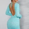 Long Sleeve Embellished Backless Mini Dress In Aqua -Women Clothes Shop 6791 10 Hague Aqua Long Sleeve Mini Dress
